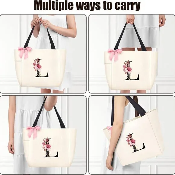 Waterproof Tote Bag Monogrammed Bridesmaid Gift Pink Floral Black Women - Picture 4 of 6